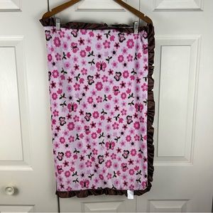 Little Beginnings Butterfly Flower Blanket Pink Brown Floral Satin Ruffle Edge